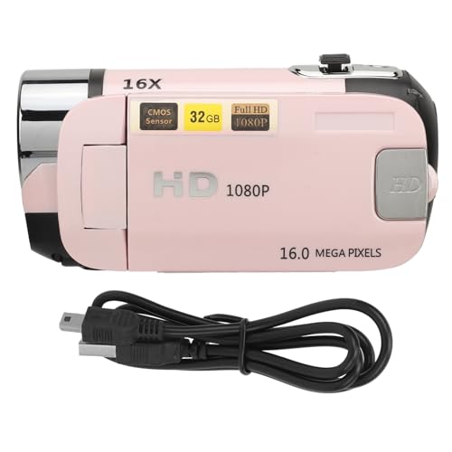 Videokamera-Camcorder, 1080P 16 MP Digitalkamera-Recorder, 2,4 Zoll Drehbarer Bildschirm, 16-facher Digitalzoom-Camcorder-Kamera mit Fülllicht (Rosa)