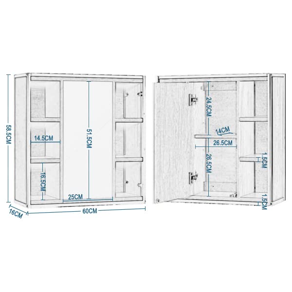 EUGAD Spiegelschrank Bad, Badezimmerschrank mit Spiegel, Schrank mit Badezimmerspiegel, Hängeschrank Badezimmer, mit verstellbaren Ablagen, aus Metall Holzwerkstoff, 60 x 58 x 16 cm