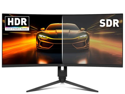 ODYS Gaming Monitor XP34 PRO-X - 34 Zoll (86 cm), Curved (1500R), 180 Hz, UWQHD (3.440x1.440 px), 1ms Reaktionszeit, HDR, FreeSync/G-Sync komp., Eye Care, HDMI, DP, 3,5mm Audio
