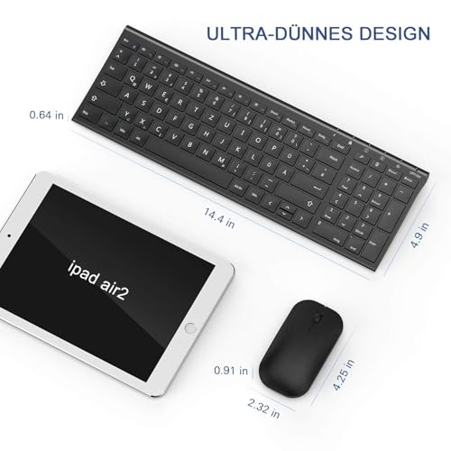 seenda Tastatur Maus Set Kabellos, Wiederaufladbare Aluminium Tastatur mit kompaktes Design, Ultradünne und Leise Funktastatur mit Maus für PC/Laptop/Smart TV, QWERTZ Layout, Schwarz
