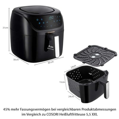 Russell Hobbs Heißluftfritteuse XXL 8L Rapid AirFryer [kompaktes Gehäuse,7 Kochfunktionen,10 Programme] SatisFry (spülmaschinenfest, max 220°C, Fritteuse ohne Öl, Grillen, Backen, Braten) 27170-56