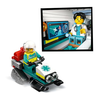 LEGO City Notfallrettungsflugzeug – Set mit Flieger, Schneemobil und 4 Mini-Figuren: Rettungssanitäter, Pilot, Arzt und Skifahrer – tolles Geschenk für Kinder ab 6 Jahren – 60465
