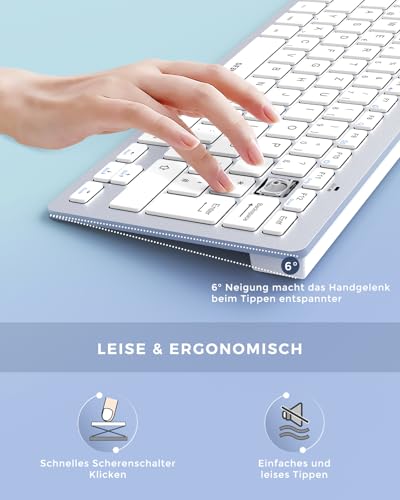 seenda Funktastatur mit Maus, Kleine Tastatur Maus Set kabellos mit USB Empfänger für PC/Laptop/Desktop/TV, Ultradünne 70% Tastatur mit QWERTZ Layout, Weiß & Silber