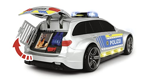 Dickie Toys Mercedes-AMG E43 Polizeiauto, Polizei, motor. Spielzeugauto, Heckklappe öffnet per Knopfdruck mit Hundegebell-Soundeffekt, inkl. Batterien, 30 cm, Silber/Blau