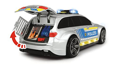 Dickie Toys Mercedes-AMG E43 Polizeiauto, Polizei, motor. Spielzeugauto, Heckklappe öffnet per Knopfdruck mit Hundegebell-Soundeffekt, inkl. Batterien, 30 cm, Silber/Blau