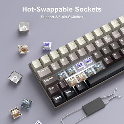 MageGee MK-Box 60% Gaming Tastatur Deutsch QWERTZ Layout, Hot-Swap-fähige kompakte kabelgebundene mechanische RGB-Tastatur mit Eva-Dämpfungsschaum, Blue Whale-Schalter für Win/Mac, grau