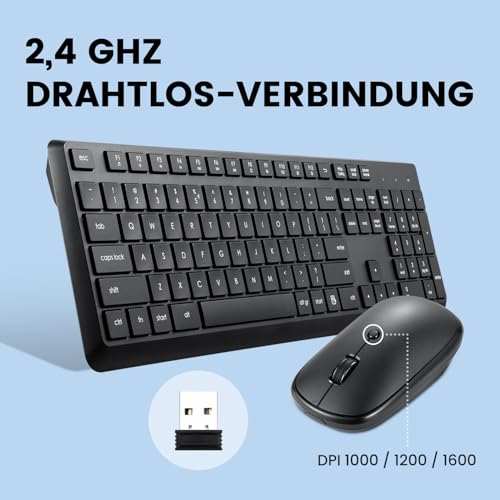 Perixx PERIDUO-716, Kabellose 2,4-GHz Tastatur-Maus-Set, Standardgröße - Schwarz, Deutsches QWERTZ
