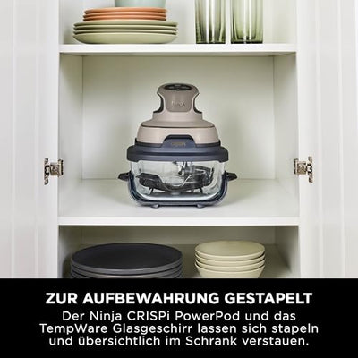 Ninja CRISPi tragbare Airfryer Heißluftfritteuse, 3,8 l, 4-in-1: Heißluftfrittieren, Braten, Warmhalten, Recrisp, 6 Portionen, 2x herausnehmbare Glasbehälter & Deckel, 1700 W, Stone Gold FN101EUSTGD