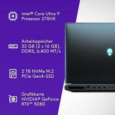 Alienware 18 Area-51 Gaming Laptop 18 Inch QHD+ 300Hz G-Sync, Intel Core Ultra 9 275HX, NVIDIA GeForce RTX 5080, 32GB DDR5 RAM, 2TB SSD, Windows 11 Home, Cryo-tech, AlienFX RGB QWERTZ - Liquid Teal