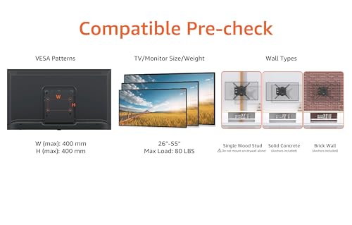 Amazon Basics TV-Halterung/Wandhalterung, schwenkbar, neigbar, für 26–55 Zoll Curved und Flach-TV oder Monitor bis 36 kg, max. VESA 400 x 400 mm, Schwarz