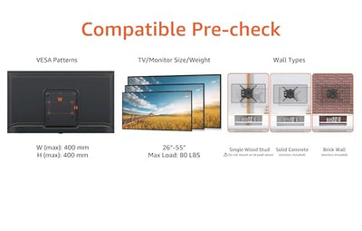 Amazon Basics TV-Halterung/Wandhalterung, schwenkbar, neigbar, für 26–55 Zoll Curved und Flach-TV oder Monitor bis 36 kg, max. VESA 400 x 400 mm, Schwarz