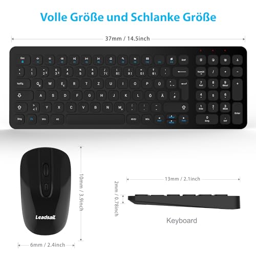 Kabellose Tastatur und Maus, LeadsaiL Tastatur Maus Set Kabellos, Flüsterleiser Tastenanschlag, 2.4 GHz QWERTZ Deutsches Layout mit 2-in-1 USB Nano Empfänger, für PC, Desktop, Laptop, Windows, Mac