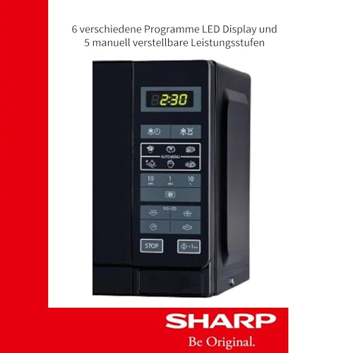 Sharp R242BKW Solo-Mikrowelle / 20 L / 800 W / 5 Leistungsstufen / 8 Automatikprogramme / Gewicht und zeitgesteuerte Auftauen / Kindersicherung / Energiesparmodus / Glasdrehteller (25,5 cm) / schwarz