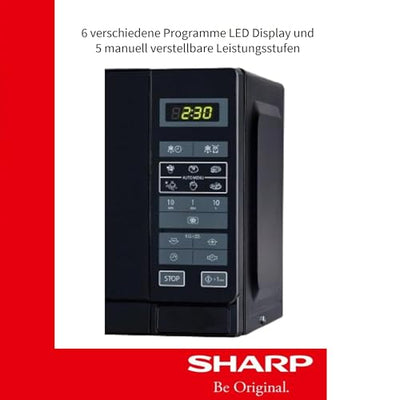 Sharp R242BKW Solo-Mikrowelle / 20 L / 800 W / 5 Leistungsstufen / 8 Automatikprogramme / Gewicht und zeitgesteuerte Auftauen / Kindersicherung / Energiesparmodus / Glasdrehteller (25,5 cm) / schwarz