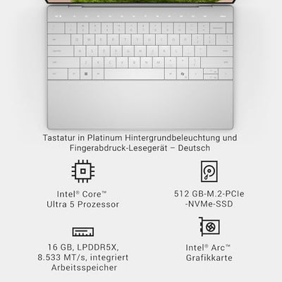 Dell XPS 13 (9350) Laptop Copilot+ 13.4 Inch FHD+ 120Hz, Intel Core Ultra 5 Series 2, 16GB RAM, 512GB SSD, Intel Arc Graphics, Windows 11 Home, Fingerprint Reader, QWERTY Keyboard, Platinum