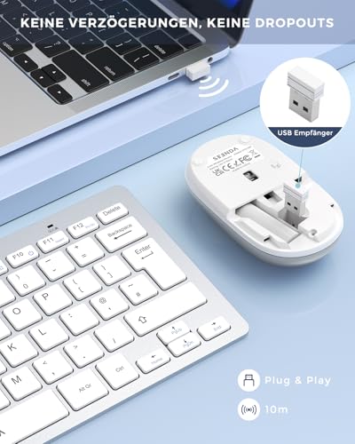 seenda Funktastatur mit Maus, Kleine Tastatur Maus Set kabellos mit USB Empfänger für PC/Laptop/Desktop/TV, Ultradünne 70% Tastatur mit QWERTZ Layout, Weiß & Silber