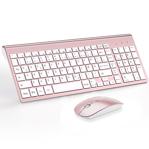 Tastatur Maus Set Ultra Slim, TopMate 2,4G Stille Compact USB 2400DPI Maus und Schissschalter Tastatur mit Abdeckung, mit 2 AA & 2 AAA Batterien für PC/Laptop/Windows/Mac-Rose Gold Weiß