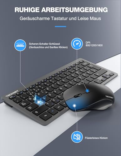 TECKNET Kabelloses Tastatur Maus Set, Deutsch QWERTZ Layout, 2.4 GHz Funk Mini Tastatur Mouse, 15m Reichweite Verbindung, Wireless Leise Funktastatur mit Maus für PC, Laptop, Smart TV, Grau