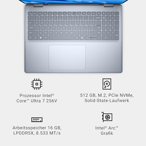 Dell 16 Plus 2-in-1 Laptop Copilot+ PC db06250 – 16" FHD+ Touch Display, Intel Core Ultra 7 Series 2, 16GB RAM, 512GB SSD, Intel Arc Grafik, Windows 11 Home, Beleuchtete Tastatur QWERTZ – Ice Blue