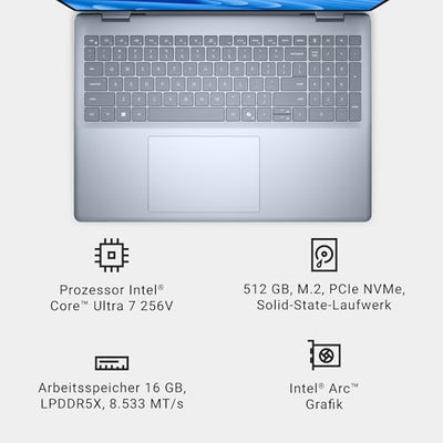 Dell 16 Plus 2-in-1 Laptop Copilot+ PC db06250 – 16" FHD+ Touch Display, Intel Core Ultra 7 Series 2, 16GB RAM, 512GB SSD, Intel Arc Grafik, Windows 11 Home, Beleuchtete Tastatur QWERTZ – Ice Blue