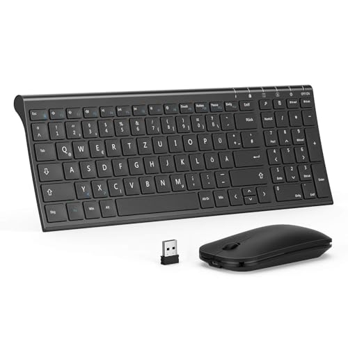 seenda Tastatur Maus Set Kabellos, Wiederaufladbare Aluminium Tastatur mit kompaktes Design, Ultradünne und Leise Funktastatur mit Maus für PC/Laptop/Smart TV, QWERTZ Layout, Schwarz