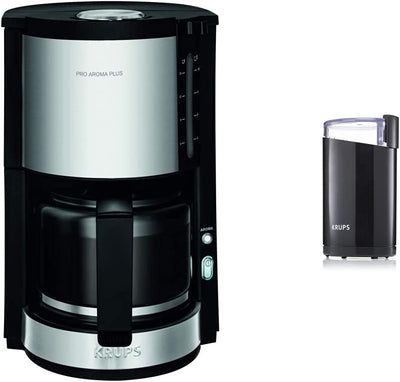 Krups KM3210 Proaroma Plus Filterkaffeemaschine | 10 Tassen | 1100 Watt | Schwarz mit Edelstahlapplikationen & F20342 Kaffeemühle und Gewürzmühle in Einem 75g Füllmenge Schwarz
