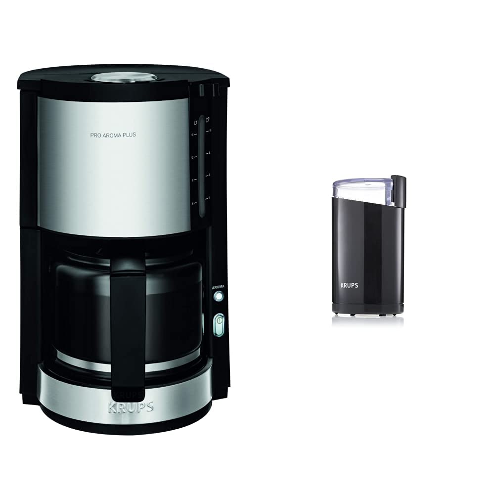 Krups KM3210 Proaroma Plus Filterkaffeemaschine | 10 Tassen | 1100 Watt | Schwarz mit Edelstahlapplikationen & F20342 Kaffeemühle und Gewürzmühle in Einem 75g Füllmenge Schwarz