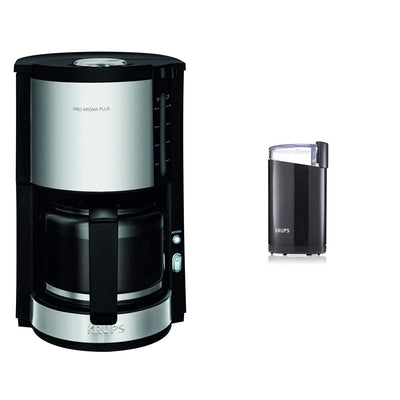 Krups KM3210 Proaroma Plus Filterkaffeemaschine | 10 Tassen | 1100 Watt | Schwarz mit Edelstahlapplikationen & F20342 Kaffeemühle und Gewürzmühle in Einem 75g Füllmenge Schwarz