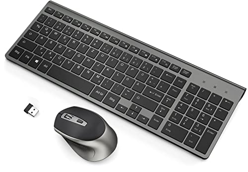 JOYACCESS Tastatur Maus Set Kabellos, 2.4G Ultra-Dünne Funktastatur mit Maus, QWERTZ Layout (Deutsch), Ergonomische Keyboard Mouse für Computer/Desktop/PC/Laptop/Windows 10/8/7, Schwarz und Grau