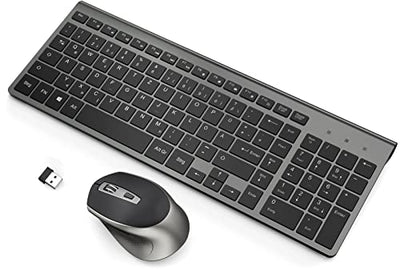 JOYACCESS Tastatur Maus Set Kabellos, 2.4G Ultra-Dünne Funktastatur mit Maus, QWERTZ Layout (Deutsch), Ergonomische Keyboard Mouse für Computer/Desktop/PC/Laptop/Windows 10/8/7, Schwarz und Grau
