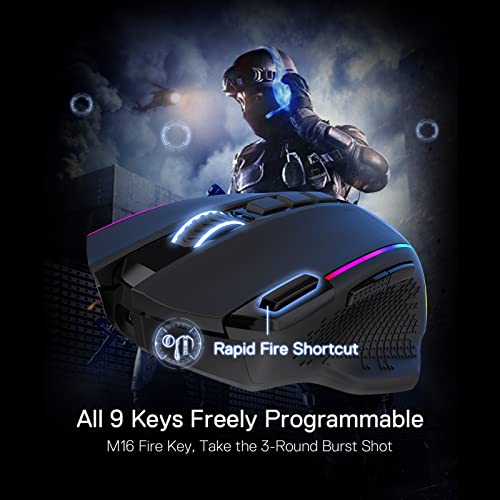 Redragon M991 kabellose Gaming-Maus, 19000 DPI kabelgebundene/drahtlose Maus mit Schnellfeuertaste, 9 Makro-Tasten, 45-Stunden-Dauerleistung und RGB-Hintergrundbeleuchtung für PC/Mac/Laptop