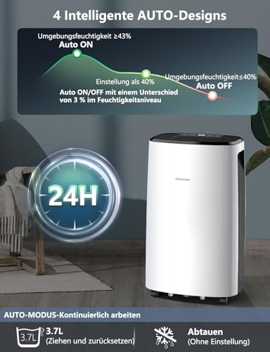 Luftentfeuchter elektrisch 20L, Dehumifer Raumentfeuchter 20L/24H aumgröße ca. 200m³ (~35 m²), Entfeuchter Digitalanzeige, Wäschetrocknung, Timer, intelligenter Feuchtigkeitsregelung, Kindersicherung