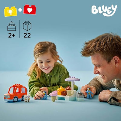 LEGO DUPLO Bluey: Ice Cream Trip with Bluey - Educational Motor Skills Toy for Toddlers, with a Toy Car and Ice Cream Stand, Plus 2 Figures incl. Bandit - Gift for 2+ Year Old Girls & Boys - 10458