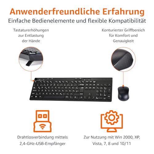Amazon Basics – Tastatur-Maus-Set, volle Größe, kabellos, USB-Empfänger mit 2,4 GHz, DE-Layout, schwarz