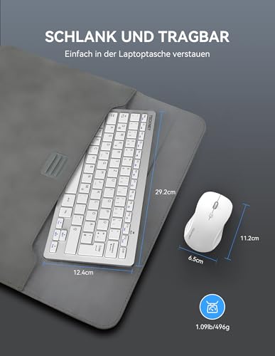 TECKNET Kabelloses Tastatur Maus Set, Deutsch QWERTZ Layout, 2.4 GHz Funk Mini Tastatur Mouse, 15m Reichweite Verbindung, Wireless Leise Funktastatur mit Maus für PC, Laptop, Smart TV, Silber