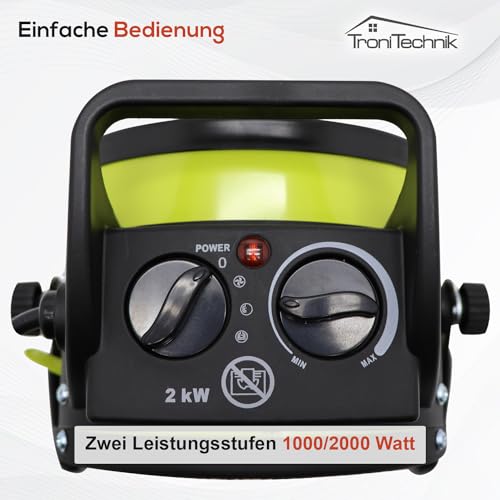 Tronitechnik® 2000 Watt Elektroheizer Heizlüfter Bauheizer Keramik Heizstrahler elektrisch Heizgerät mit Thermostat Elektroheizer mit 3 Heizstufen, Heizgebläse für Innen- und Außeneinsatz