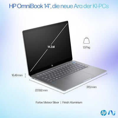 HP OmniBook Ultra Next Gen AI Laptop | AMD Ryzen AI 9 HX 375 mit dedizierte NPU für KI | 55 NPU TOPS | Copilot+ PC | 14" 2,8K IPS Touchscreen 400 Nits | 32 GB RAM | 1TB SSD | QWERTZ | Win11 | Silber