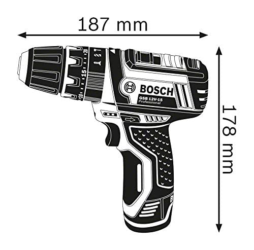 Bosch Professional 12V System Akku Schlagbohrschrauber GSB 12V-15 (Bohr-Ø Holz max: 19 mm, inkl. 2x 2.0Ah Akku + Ladegerät, 2x Bohrer-Set, 1x Bit-Set, Werkzeugtasche) - Amazon Exclusive Set Set
