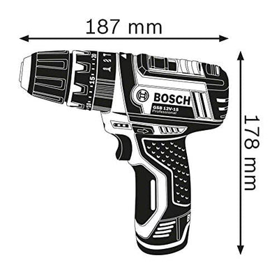 Bosch Professional 12V System Akku Schlagbohrschrauber GSB 12V-15 (Bohr-Ø Holz max: 19 mm, inkl. 2x 2.0Ah Akku + Ladegerät, 2x Bohrer-Set, 1x Bit-Set, Werkzeugtasche) - Amazon Exclusive Set Set