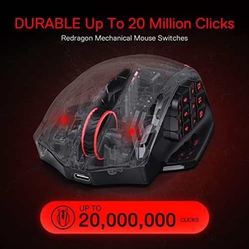 Redragon M913 Impact Elite Wireless Gaming Maus, 16000 DPI Verkabelte/Kabellose RGB Maus mit 20 Programmierbaren Tasten, 45 Std. Batteriebetrieb und Optischem Pro-Sensor, 12 Seitentasten MMO-Maus