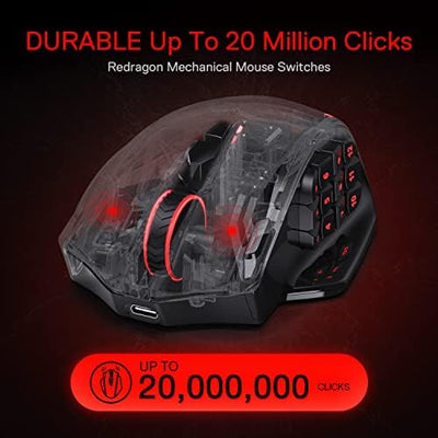 Redragon M913 Impact Elite Wireless Gaming Maus, 16000 DPI Verkabelte/Kabellose RGB Maus mit 20 Programmierbaren Tasten, 45 Std. Batteriebetrieb und Optischem Pro-Sensor, 12 Seitentasten MMO-Maus