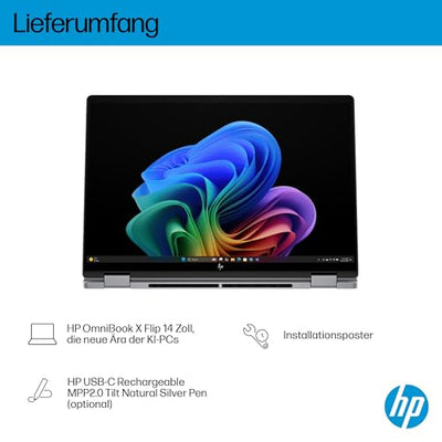 HP OmniBook X Flip 2in1 Next Gen AI Laptop| AMD Ryzen AI 7 350 (8C) | dedizierte NPU für KI | 50 NPU Tops | Copilot+ PC | 14" 3K 2880x1800 OLED-Touchscreen | 16GB | 1TB SSD | Win11 | QWERTZ | Silber