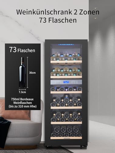 Kalamera Weinkühlschrank 2 Zonen für 73 Flaschen, Schwarz, 200 Liter, KRC-200BFG