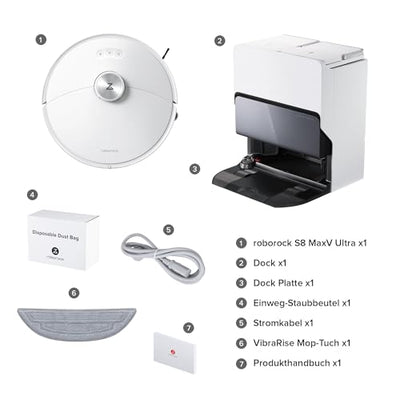 roborock S8 MaxV Ultra Saugroboter mit Wischfunktion&Hebarem Wischmopp, Umfangreiche Reinigung Durch die ausfahrbaren Seitenbürste, 10.000 Pa, 60 °C Heißwasser-Moppwäsche, All-in-One-Dock