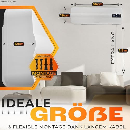 ProfiCare® Wand Heizlüfter mit Fenster-Offen-Erkennung | Heizkörper für bis zu 60qm | Elektroheizung für Wandmontage inkl. Montagematerial | Heizung mit 1,5m Kabel, Fernbedienung & Timer | PC HL 3116