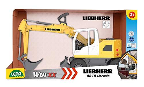 Lena Worxx Schaufelbagger Liebherr A918 Compact Litronic 48 cm, Bagger Spielzeug mit 360° drehbarem Arm, realisitisches Baustellen Spielfahrzeug mit Schiebeschild, für Kinder ab 3 Jahren