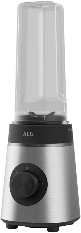 AEG MiniMixer SB4-1-4ST Standmixer / 350 W-Motor / 23.000 U/Min / 2 spülmaschinen- und bruchfeste 600 ml Trinkflaschen / 4-Klingen Messer / Drehregler / BPA-frei / Pulse-Taste / gebürstetes Edelstahl