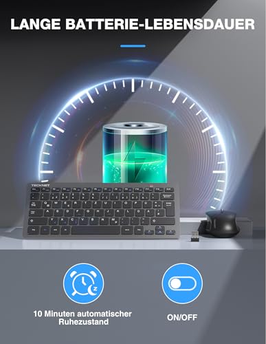 TECKNET Kabelloses Tastatur Maus Set, Deutsch QWERTZ Layout, 2.4 GHz Funk Mini Tastatur Mouse, 15m Reichweite Verbindung, Wireless Leise Funktastatur mit Maus für PC, Laptop, Smart TV, Grau