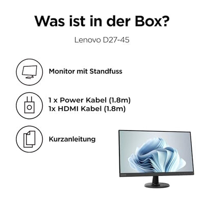 Lenovo D27-45 Monitor | 27" Full HD Monitor | 1920x1080 | 75Hz | 250 nits | 4ms Reaktionszeit | VA-Panel | HDMI | VGA | AMD Radeon FreeSync | entspiegelt | 4,6kg | schwarz