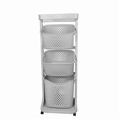 Wäschekorb 3 Fächer Wäschekorbwagen mehrstöckig Kunststoff Wäschekorb mit Rollen Laundry Basket Kunststoffkorb für Wäsche Wäschebox Wäschesammler Aufbewahrung hellgrau
